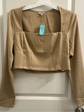 Camellia Tan Square Neck Long Sleeve Crop Top